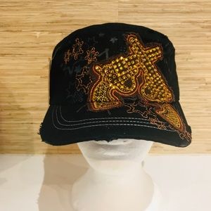 Black Cap Hat with Gold Bling Pistols